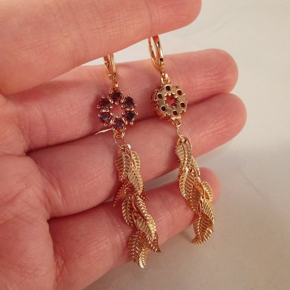 18K Yellow Gold Filled Flower Ruby Red Diamond Zircon Tassel Dangle Earrings - Picture 5 of 6